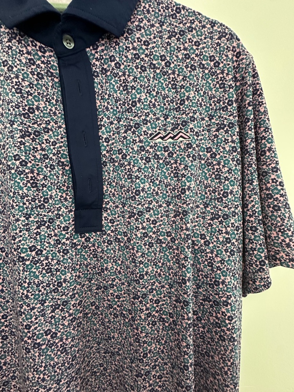 Men's Floral Polo Shirt - Navy Trim, Pink & Teal